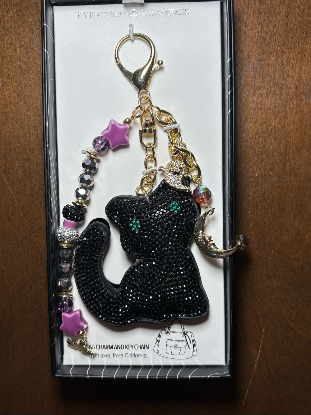 eye candy Black Cat Keychain with Green Crystal Eyes and Purple Star Beads